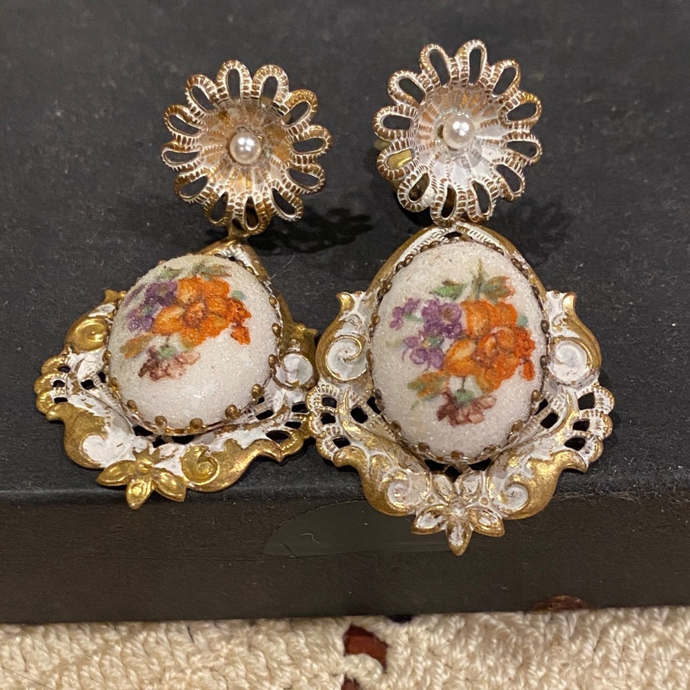 Germany Sugar Floral Gold Tone and White Earrings